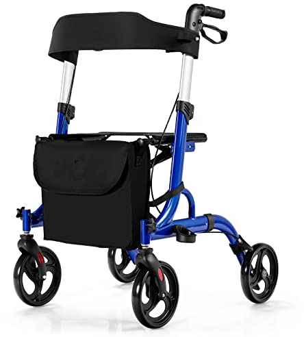 RELAX4LIFE Rollator Faltbar Leichtgewicht, Rollstuhl Reiserollator, Gehhilfe mit Sitz, Gehwagen 6-fach Höhenverstellbar, Laufhilfe mit 2 Bremsen Stockhalter Tasche, Aluminiumlegierung bis 150kg (Blau)