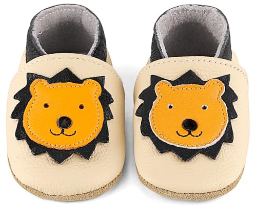 LACOFIA Scarpine Neonato in Pelle Morbida Scarpe Primi Passi Bimbo Babbucce Neonato con Suola Morbida Antiscivolo Leone Beige 18-24 Mesi