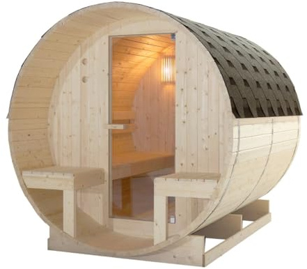 SANOTECHNIK Sauna esterna BERGEN – Sauna a botte per 4–6 persone 194,8×220×191,5 cm, stufa Harvia 8 kW, legno di abete rosso, vetro temperato – Art.Nr. F70220