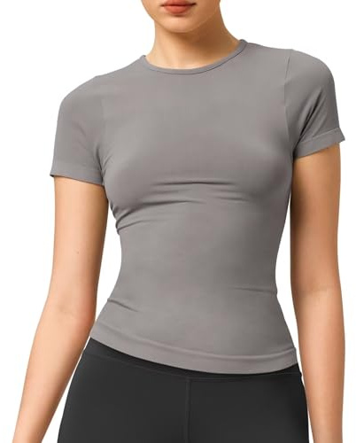 T-shirt de sport à col rond pour femme, léger, doux et extensible, t-shirt à manches courtes pour la vie décontractée, l'été, la gym, gris, S