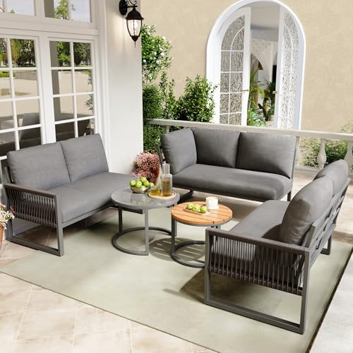 MOBETTRES Juego de salón de jardín para 6-7 personas, sofá esquinero con estructura de hierro galvanizado, patas ajustables, incluye todos los cojines de asiento y respaldo (gris)