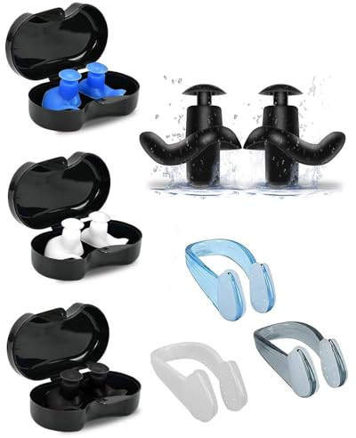 Tapones para los oídos de natación ZEXIJOW para adultos con pinzas nasales - 3 pares,Reutilizables, Silicona suave,Adecuados para nadar,surfear,Hacer snorkel y otros deportes acuáticos