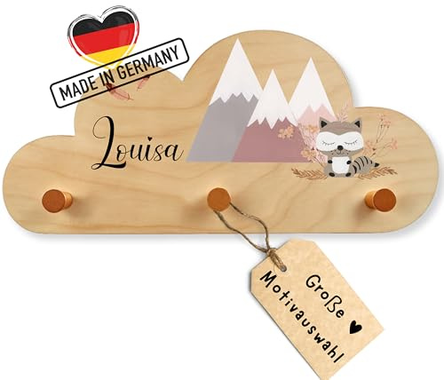 EmiliaLotte Kindergarderobe Personalisiert mit Wunschname I Garderobe Kinder aus Holz - Verschiedene Motive & Farben I Wandgarderobe Kinder mit 3 Haken - 41x20 cm I Montessori Garderobe