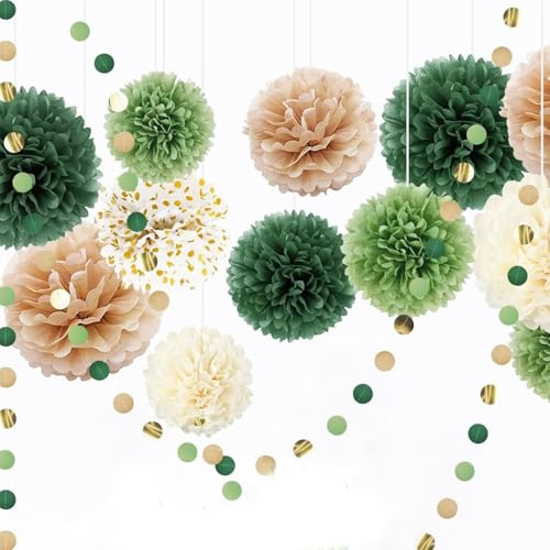 Feluxor Party Decorazioni Lanterna di Carta Salvia Verde 15 Pezzi Decorazioni per Compleanno Beige Velina Pompon Lanterna Ventagli di Carta Kit per Feste Neonato Gender Neutral Matrimonio