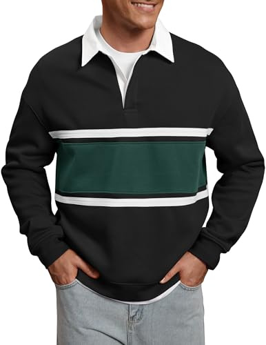 Herberton Men Rugby Shirts Winter Shirts Thermal Jersey Fleece-Lined Color Block Rugby Heavyweight Golf Sherpa Striped Collared Long Sleeve Polo Sweatshirt Black XL