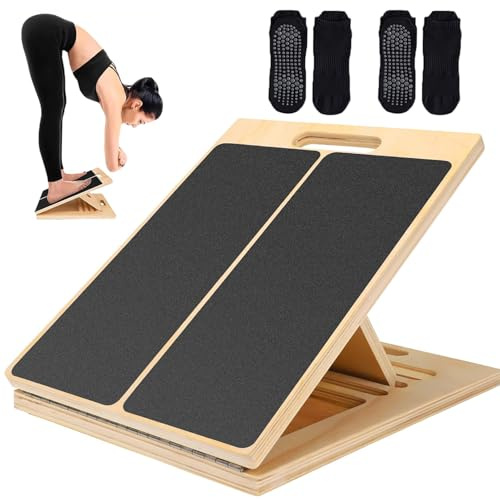 OUTALIZ Tabla Inclinada de Madera, 1 Pieza Tabla Inclinada para Estirar Pantorrillas, Inclined Board para Estira los Músculos con Asa de Transporte, con 2 Pares Calcetines de Algodón, para Equilibrio
