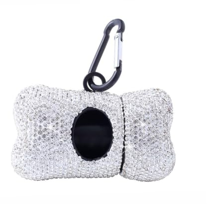 Gurtt Distributore di sacchetti per escrementi con strass scintillanti, con gancio per il trasporto, sacchetti biodegradabili antigoccia per cani, bianco