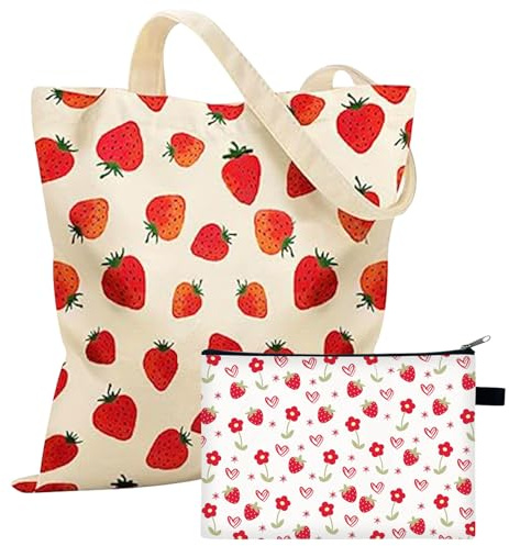 ZXTGBQ Borsa Tote in Tela, Shopper in Tela, Borsa della Spesa, Canvas Bag, per Scuola, Lavoro e Viaggio, 35 x 40cm (Motivo a Fragole)