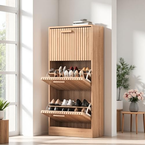 Zapatero con 3 puertas, de ratán con 6 estantes, de madera, zapatero independiente, estrecho para entrada, pasillo, color madera (color madera, 60 x 24 x 113 cm)