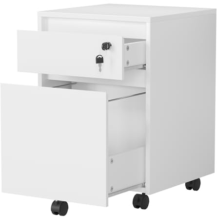 YOUDENOVA Schedario da Ufficio con 2 Cassetti e Serratura, Cassettiera Sotto Scrivania con 5 Ruote, Armadietto per Documenti A4 e Cartelle Sospese, 40x40x57 CM, Bianco