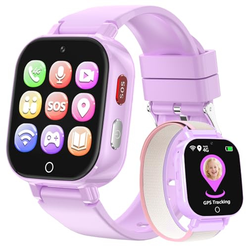 PTHTECHUS 4G Reloj Inteligente Niño con Videollamada, GPS, SOS, Chat de Voz, IP68 Impermeable, Modo Escuela, Podómetro, Despertador, Reloj Infantil Regalo para Niños Niñas de 4 a 12 Años (Lila-8A)