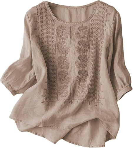 Linen Tops for Women Embroidered Square Neck Blouse, Womens Linen Tops 3/4 Puff Sleeve Loose Fit Shirt, Peasant Blouses for Women Lightweight Cotton Linen Summer Tunic Top