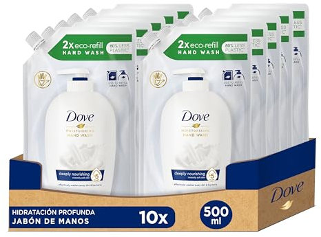Dove Hand-Waschlotion 10er Pack für empfindliche Haut Flüssigseife Nachfüllbeutel mit ¼ Feuchtigkeitscreme (10 x 500 ml)
