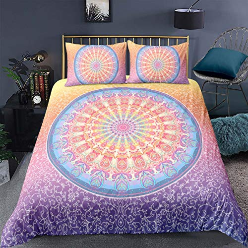 Loussiesd Bohemian Comforter Cover Double Size Exotic Style Duvet Cover 3 Piece Bed Cover Paisley Mandala Comforter Cover Indian Home Floral Bedroom Bedspreads Sets with 2 Pillow Shams Zipper Ties