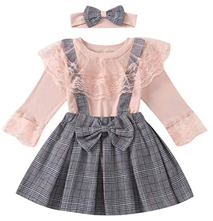 Verve Jelly Conjunto de falda con tirantes para bebés y niñas, camiseta de manga larga con encaje, falda a cuadros, ropa para niños pequeños, rosa, 120, 4-5 años