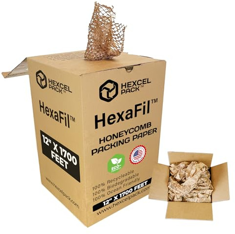 HexcelPack HexaFil Honeycomb Packing Paper - Eco-Friendly, Sustainable Filler for Shipping and Moving, Cushioned Packing Material in Dispenser Box, Alternative to Bubble Wrap - Natural, 12 x 1700'