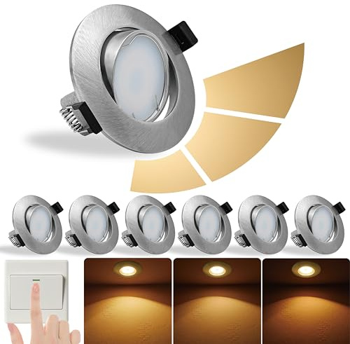 EACLL 6 Set LED Einbaustrahler 230V 10W 3-Stufen Dimmbar Warmweiß, Schwenkbar Alu Nickel Gebürstet Deckenspot, inkl. GU10 Birnen und Fassung, 1150lm 3000K Flimmerfreie Blendfreie IP44 Einbauleuchten