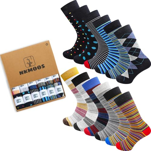 NKMOOS Mens socks size 10-13 Funny Mens Dress Socks - Fun Colorful Crazy Novelty Cotton - Business Casual Striped Argyle Patterned Crew Sock 12 Pack