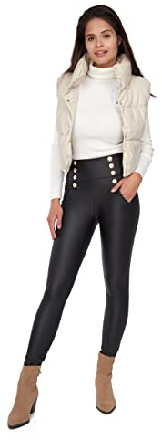 FUTURO FASHION Leggings de invierno con forro polar para mujer, cintura alta, de piel sintética, con bolsillos y botones decorativos, pantalones de cuero para mujer, Negro, 4X-Large/5X-Large