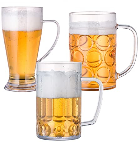 WDOPEN Taza de cerveza clásica acrílica irrompible, hecha de plástico inastillable e ideal para uso en interiores y exteriores, reutilizable, transparente (juego de 3)