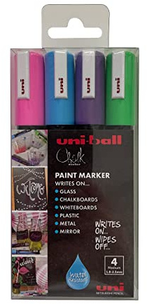 Uni-Ball PWE-5M Multifunktionella tvättbara flytande krita markörer för svarta tavlor, svarta tavlor, svarta tavlor, glas, speglar, plast, fönster, metall, barnsäker, spets, kulspets, 4-pack