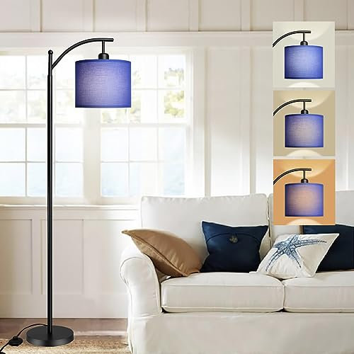 DINGLILIGHTING Arc Floor Lamp with 3 Color Temperatures, Standing Lamps with Blue Linen Shade, Modern Standard Tall Lamp for Living Room Bedroom, 8W LED Bulb Included