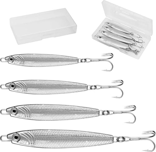 Annyswit 4 Pcs Metal Sea Fishing Lures with Trebles Hooks Silver Minnow Spoon Lures 20g 30g 40g 60g Pike Sea Fishing Tackle Metal Jigs for Mackerel & Cod & Bass & Freshwater(20g, 30g, 40g, 60g)