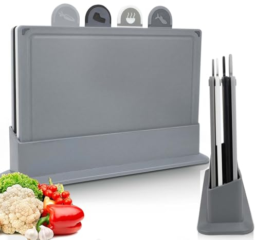 4 PCS Planche à Découper, Planches à Découper avec Code Couleur et Support, Planche a Decouper Plastique Professionnelle avec Rainure de Jus, sans BPA pour Viande, Légumes, Fruits