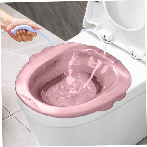 Sitz Bath for Hemorrhoids Women, Over The Toilet Sitz Bath, Anti-Overflow Sits Bath Kit, Portable Sitz Bath for Hemorrhoids (Pink, with Flusher)