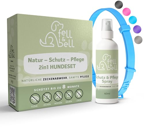 fell&bell Zeckenhalsband Mit 60 ml Kokos-Pflegespray – Natürliche Öle Gegen Ungeziefer – Hunde Halsband In 5 Farben – Bis 8 Monate Schutz – Flohhalsband - Wasserfest – Für Alle Hunde (Blau)