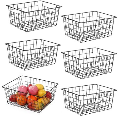 Hniuyun 6 Pack Black Wire Basket, Countertop Organizer for Kitchen Cabinets, Metal Storage Baskets for Garage, Refridge, Bedroom, Bathroom, Laundry, 28 x 22 x 12cm