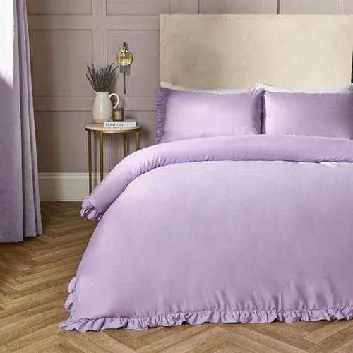 OHS Microfibre Double Duvet Frill, Hotel Quality Double Bedding Quilt Covers for Bed with Pillowcases Quilt Covers Luxury Super Soft Comfy - Lilac