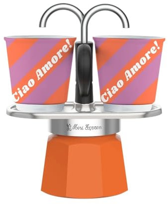 Bialetti Mini Express 2 Tassen | Kollektion Dolce Vita, Kaffeekanne Orange mit 2 Tassen