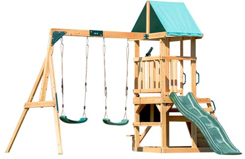 DOLPHIN PLAYGROUND T Swing Set for Backyard with 2 Swings, Slide, Climbing Wall, Chalkboard, Picnic Table & Telescope – Heavy-Duty Cedar Wood Outdoor Playset for Kids Aged 3+ Years
