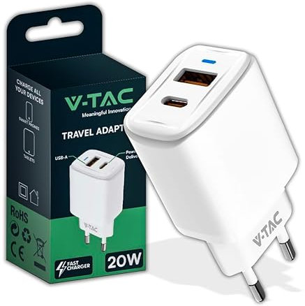 V-TAC Cargador USB-C Carga Rapida PD 20W para iPhone y Samsung - Ultra Rápido Smartphones y Dispositivos - 2 Puertos USB Tipo C y USB A para iPhone 13/14 /15/16 Pro/MAX y Galaxy S23 / S24 / S25
