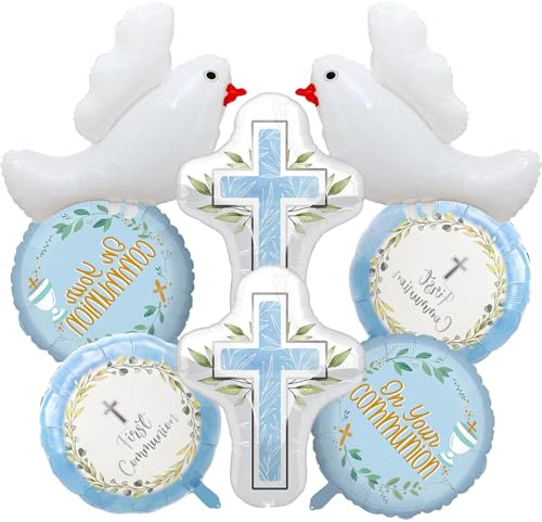 Palloncini Prima Comunione, 8 Pezzi Palloncino Battesimo, XXL Comunione Palloncini Decorazioni, Battesimo Colomba Palloncino e palloncino Croce, Blu palloncini per comunione Kit Per Bambino,Bambina