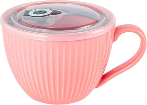 Hoilse Ceramic Soup Mug with Lid, 1-Pack Large 680ml Porridge & Cereal Bowls, Microwave Safe Soup Cups with Handles for Ramen, Porridge,Meal Prep, Breakfast,Ideal Housewarming Gifts (Pink)