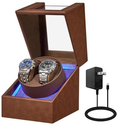 BEWISHOME Carica Orologi Automatici, Watch Winder con Luce LED a 4 Modalità, Scatola Caricaorologi Automatica con Motore Giapponese Silenzioso, Adattatore di tipo C o Alimentazione a Batteria, ESYQ02Z
