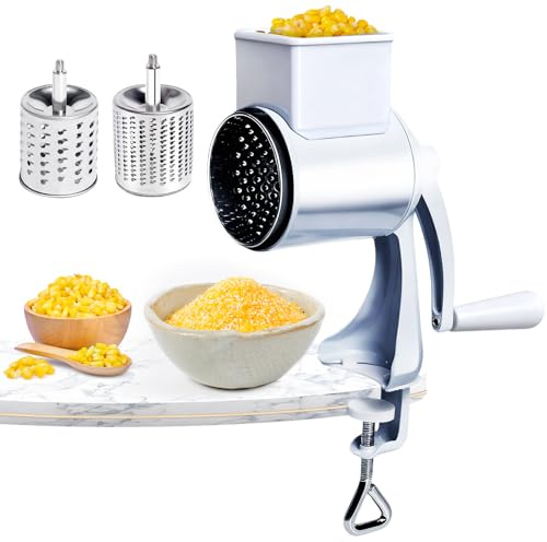 AROMUJOY Manuelle Nussmühle mit 2 Abnehmbaren Trommelblättern, Käsereibe mit Kurbel, Erdnussmühle, Mandelmühle, Gemüsehobel Edelstahl für Nüsse, Mais, Käse, Karotten, Weiß