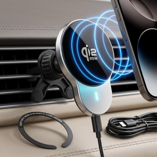 PORTENTUM trådlös laddare för biltelefonhållare Qi2.2 25W certifierad 2026 – aktiv kylning – kraftfull N52-magneter – magnetisk telefonhållare med USB-C 60 W-kabel – kompatibel med MagSafe, iPhone och