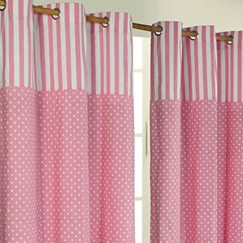 HOMESCAPES – Paire de Rideaux à œillets 100% Coton – Rayures Rose et Pois Blanc – Prêt à Poser 137 x 182 cm