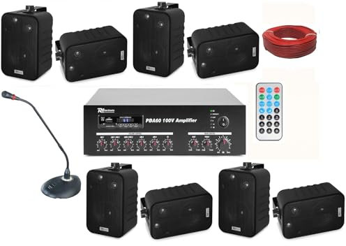 IMPIANTO AUDIO FILODIFFUSIONE+8 Altoparlanti Parete+Bluetooth+100Mt Cavo +Microfono (Con Casse Nere)