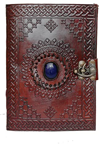 Jaald 18 cm Libreta Notas Cuaderno Hojas Diario Album Hecho a Mano con Cubierta de Cuero y Cerradura Cerrojo Piedra Cristal Azul grimoire book of Shadows spell book blank journal celta