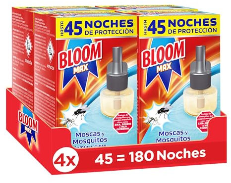 Bloom Max pack de 4 recambios Líquido, insecticida eléctrico antimosquitos contra moscas y mosquitos común y tigre