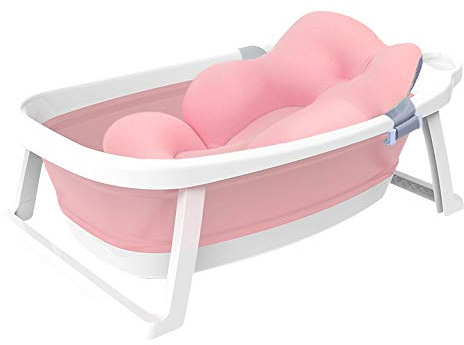 Fayelong Bébé Pliante Grand épaississement Bébé Enfants Bassin De Douche De Bébé Pliable Baignoire Avec Tapis De Sécurité/Tapis Et Piston De Drainage à Détection De Température Pour 0-8Ans Bain (Rose)