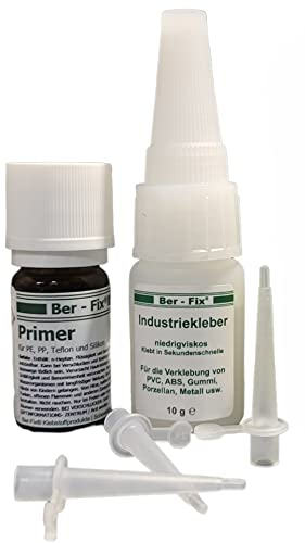 Ber-Fix Kunststoff Set S + 3 Spitzen Set aus Industriekleber Ihr Neuer Sekundenkleber extra stark + Primer für PE PP PTFE HDPE Silikon mit Holz Metall ABS GFK Porzelan