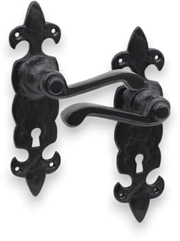 Infinity Decor Antique Black Fleur De LYS Pattern Lever Door Handle Set Cast Iron Key Lock Rustic Handle Pair