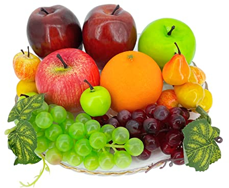Fake Fruits, 22 Pcs Artificial Fruits for Decoration, Simulation Fruit Assorted Display Fruits Set for Dining Table Decor Home Kitchen, Fake Red Apples Green Apple Oranges Grapes