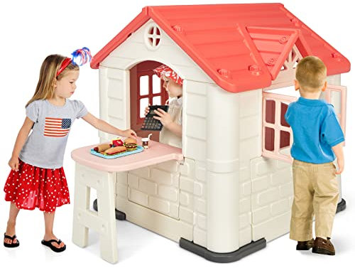 COSTWAY Kids Playhouse, Outdoor Cottage Pretend Play Center with Picnic Table, Food Toy Set, Working Doors & Windows, Indoor Playground Set for 3-8 Years Old (Pink)