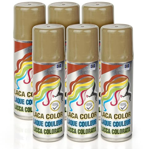 Pack 6 Laca de Pelo Color Oro 125ml - Spray Colores para Cabello Rápida coloración, Lavable